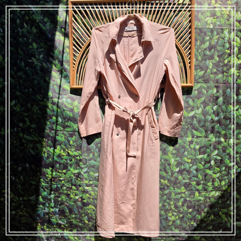 Zara Basic Womens Blush Pink Double Breasted Belted Trench Duster Coat Size S